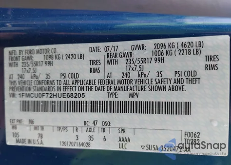 2017 Ford Escape S из США, поврежденный, VIN 1FMCU0F72HUE68205